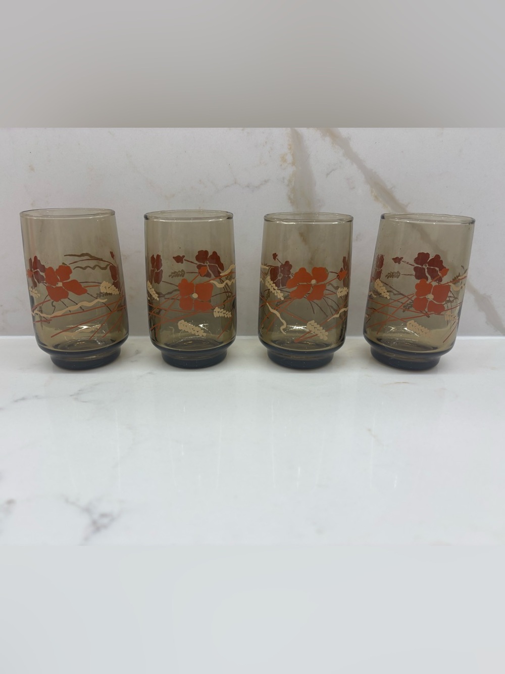 Set of 4 Like New Vintage Amber Glass Tumblers with Poppy Wheat Design 1970s